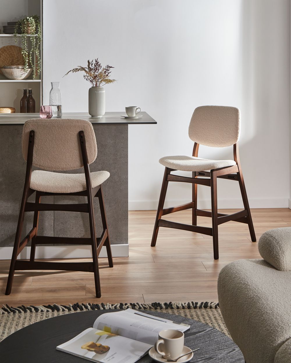 Set of 2 Bar Chairs ELAINE Boucle Brown/ Light Beige