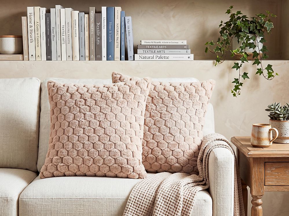 Set of 2 Decorative Cushions PURSLANE 43 x 43 cm Faux Fur Beige Geometric Pattern