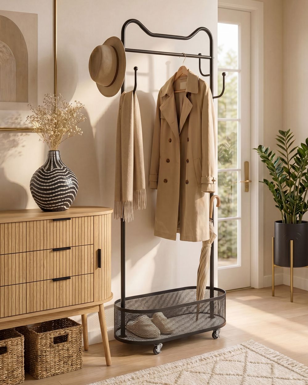 Coat Stand ROUSSILION with Shelf with Wheels Black