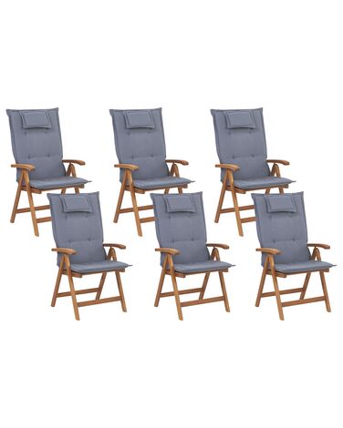 Zestaw 6 krzeseł ogrodowych składany drewniane z poduszkami niebieskimi JAVA