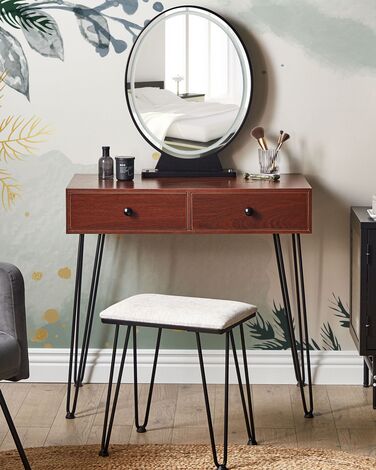 2 Drawers Dressing Table with LED Mirror and Stool Dark Wood and Black LOIX
