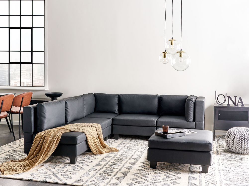 Modular Corner Sofa 5 Seater UNSTAD with Ottoman Faux Leather Black Right Hand