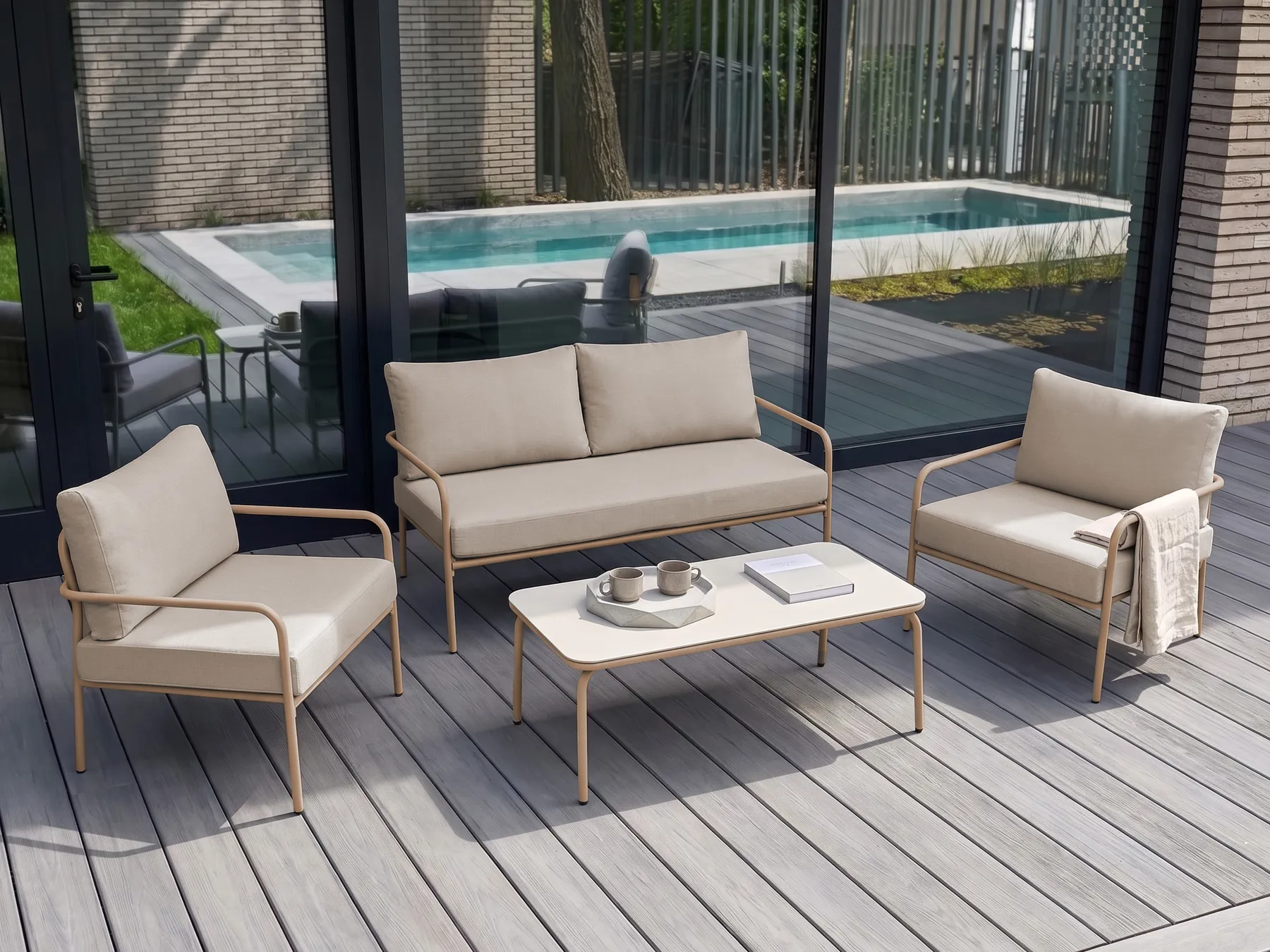 Garden Lounge Set with Table 4 Seater NESSO Metal Light Beige_1082938