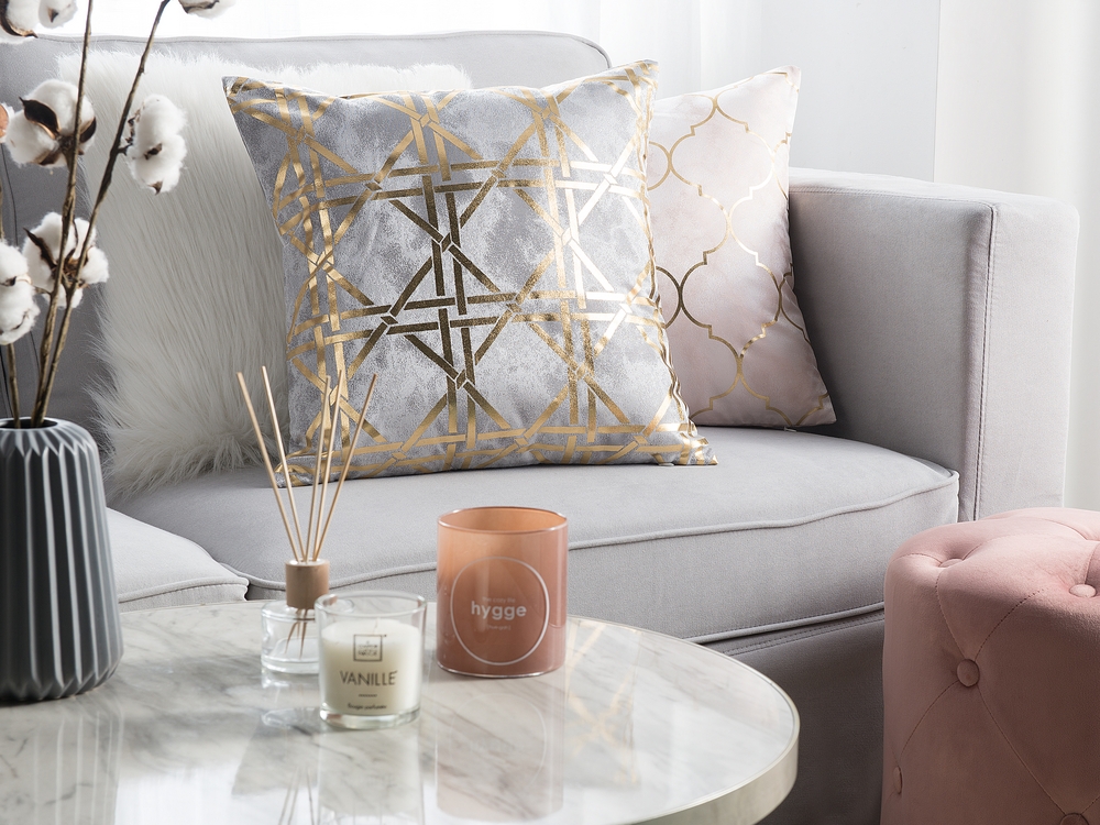 Set of 2 Cushions Geometric Pattern 45 x 45 cm Grey with Gold CASSIA Beliani