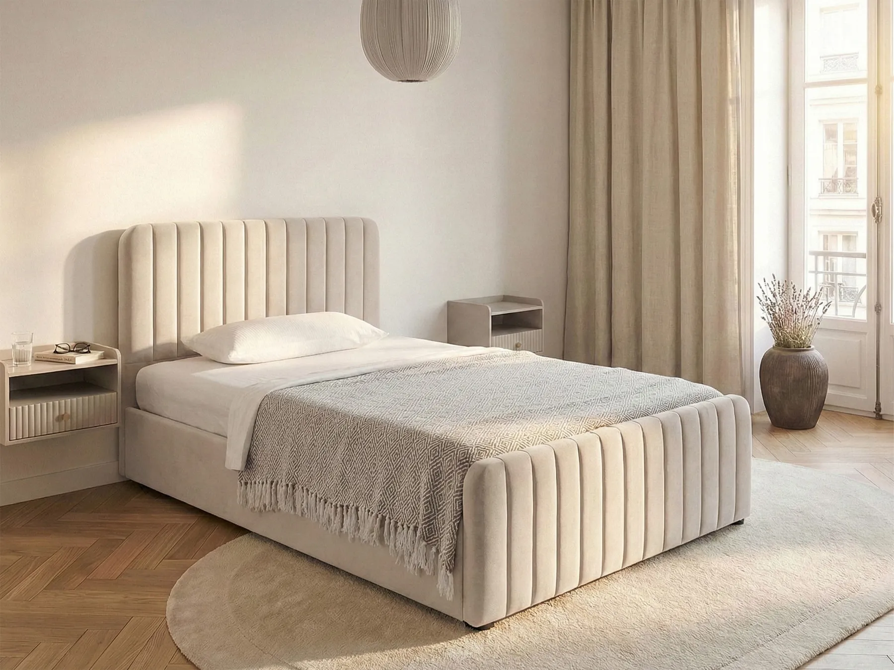 Ottoman Bed LUNAN Velvet Beige 120 x 200 cm (EU Small Double)_1051354