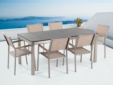 6 Seater Garden Dining Set Flamed Granite Top with Beige Chairs GROSSETO