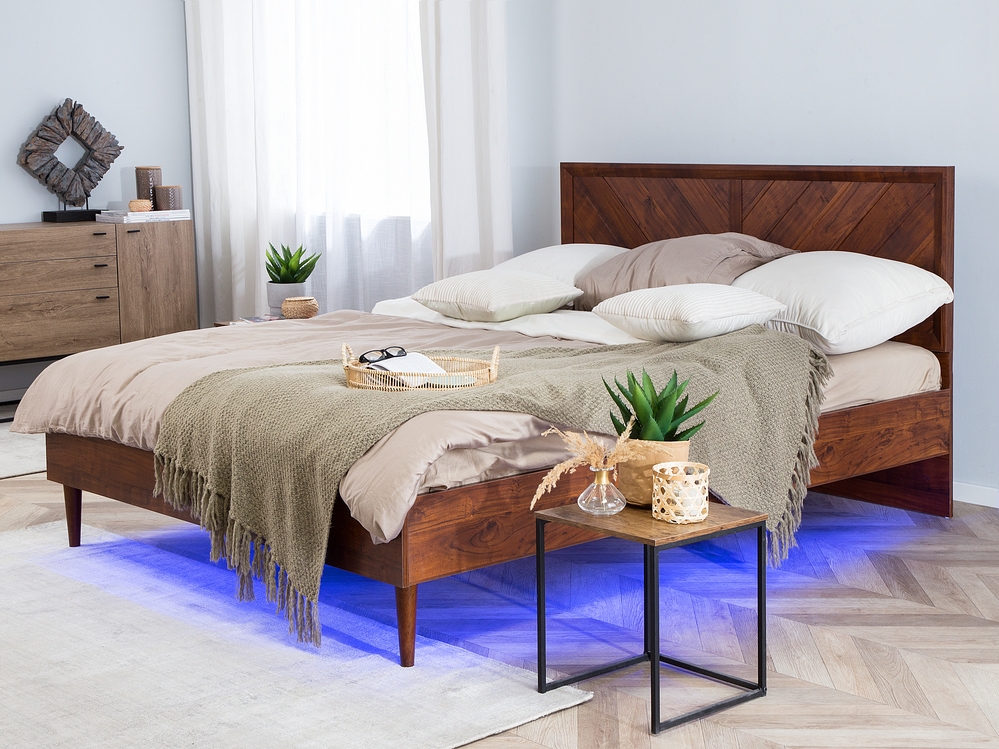 Bed with LED Wood MIALET 140 x 200 cm EU Double Dark Brown Beliani