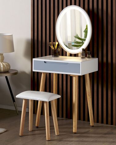 1 Drawer Dressing Table with LED Mirror and Stool White and Grey VESOUL