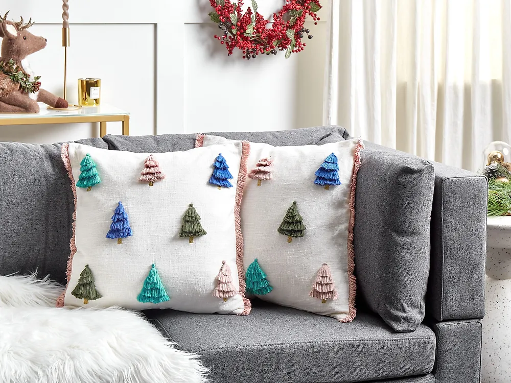 Lot de 2 coussins décoratifs SKIMMIA 45 x 45 cm Coton Blanc Motif de Noël_1187939