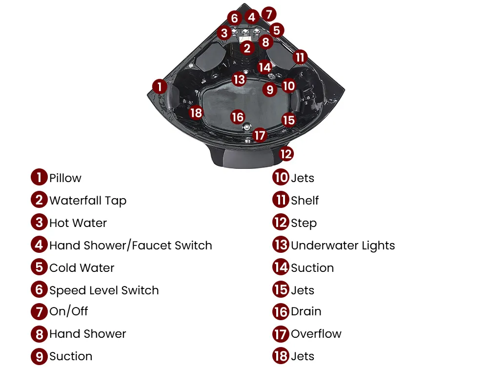 Corner Hot Tub with LED CUYABENO 2110 x 1500 mm Black_1061829