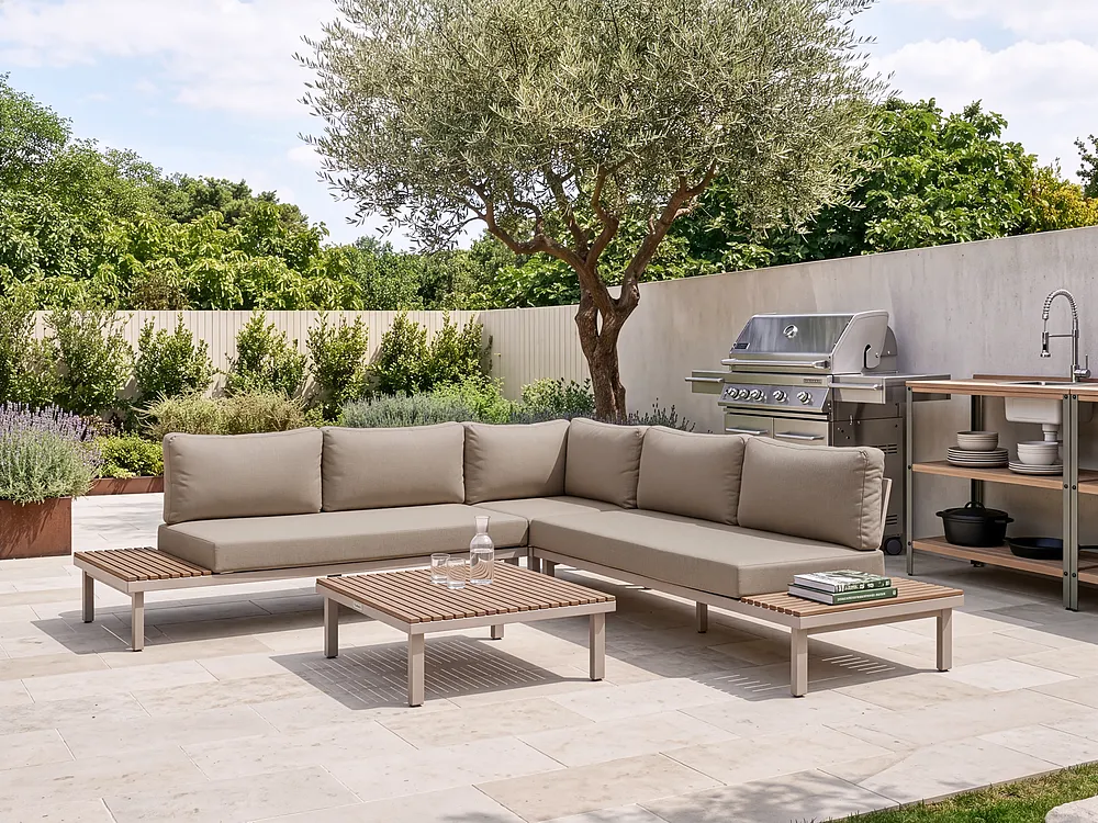 Garden Corner Sofa with Table 5 Seater FIVIZZANO Acacia Wood Beige