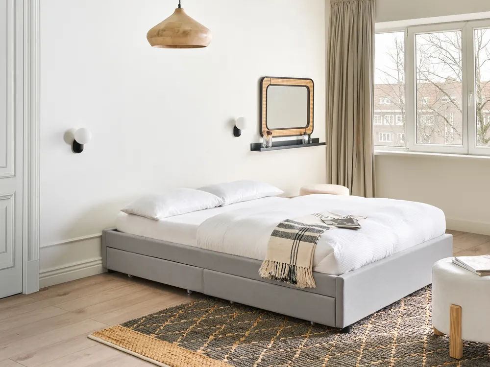 Bed with Storage Drawers without Headboard PRADES Fabric Light Grey 140 x 200 cm (EU Double)_996091