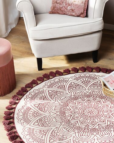 Round Cotton Area Rug Mandala Pattern ø 120 cm Cream and Red AYAKLI