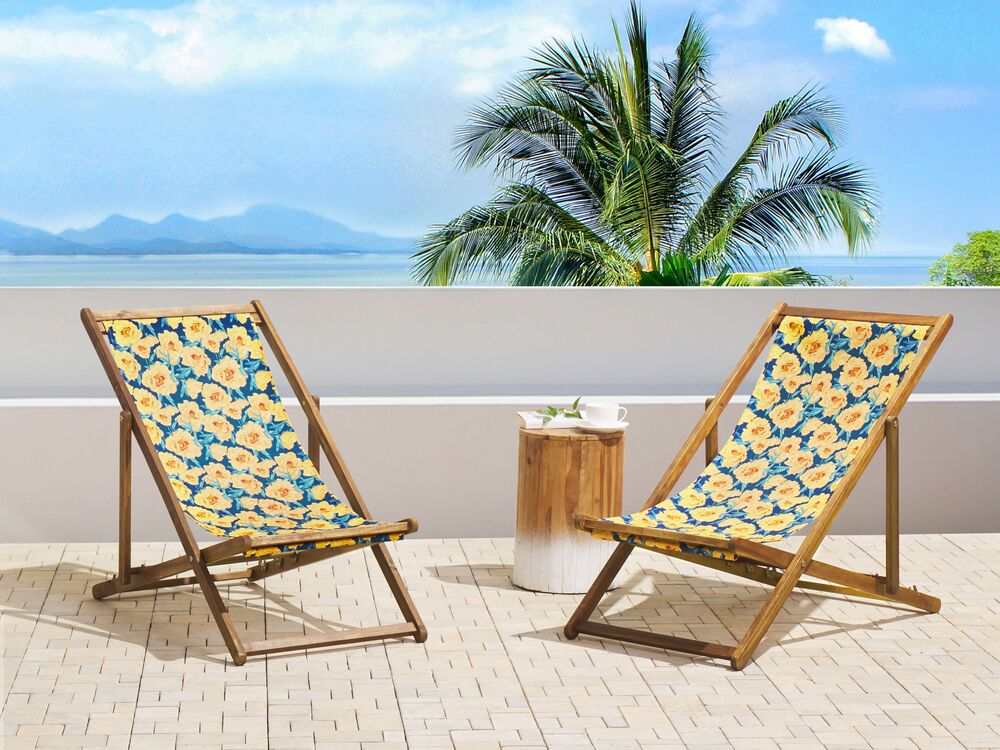 Set of 2 Acacia Folding Deck Chairs and 2 Replacement Fabrics Light Wood with Off White Yellow Floral Pattern ANZIO Beliani