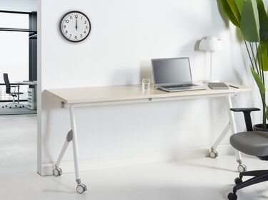 Folding Office Desk with Casters 180 x 60 cm Light Wood and White BENDI