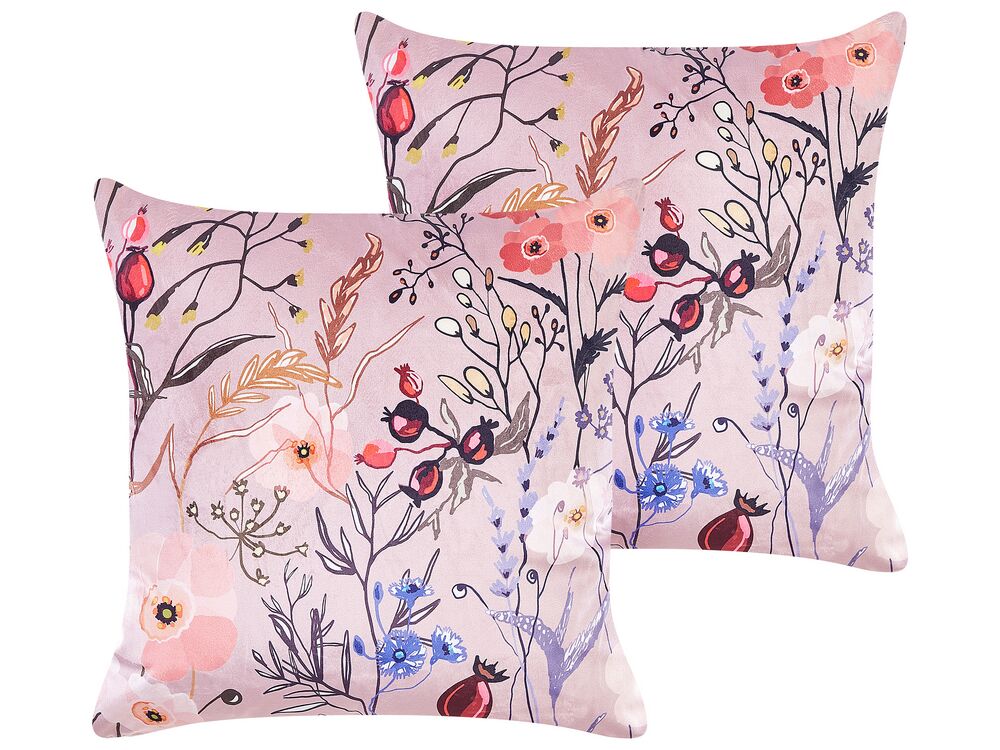 Conjunto de 2 almofadas decorativas ANEMONES 45 x 45 cm Veludo Rosa pastel Padrão floral