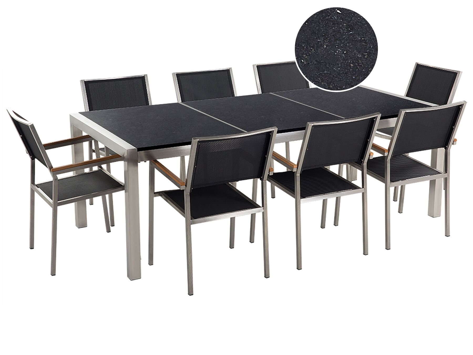 Trädgårdsmöbelset av bord med polerad granitskiva och 8 stolar svart GROSSETO_453211