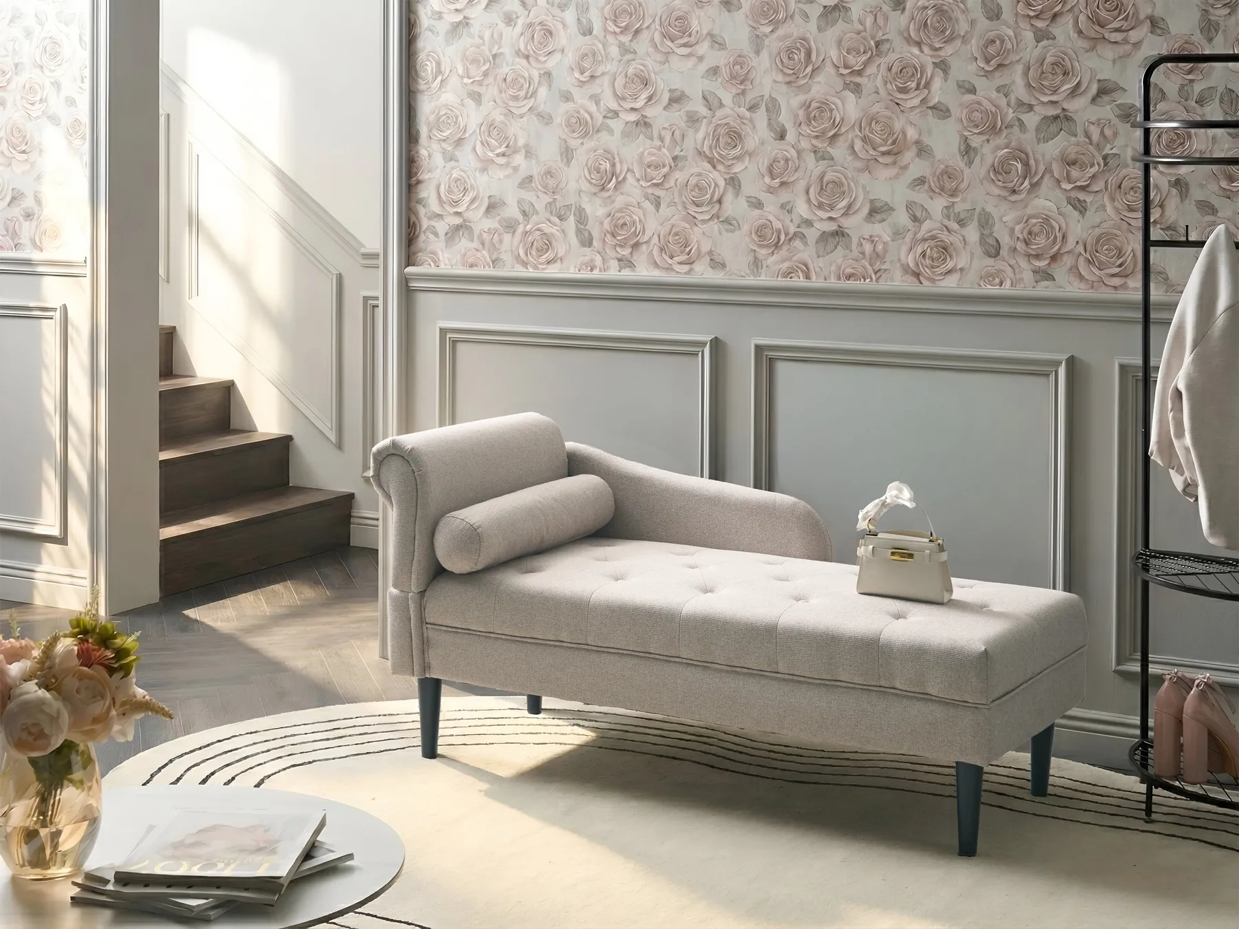Left-Hand Chaise Longue YVOIRE Fabric Beige_1040583