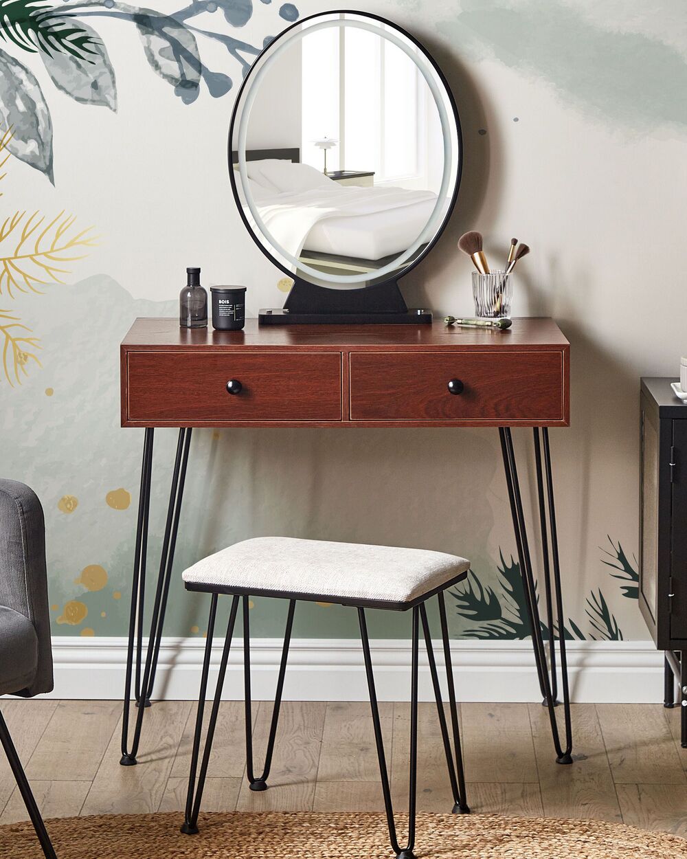 2 Drawers Dressing Table with LED Mirror and Stool Dark Wood and Black LOIX Beliani.cz