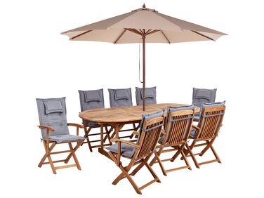 Ensemble de jardin 8 places en bois d'acacia avec parasol et coussins gris MAUI II