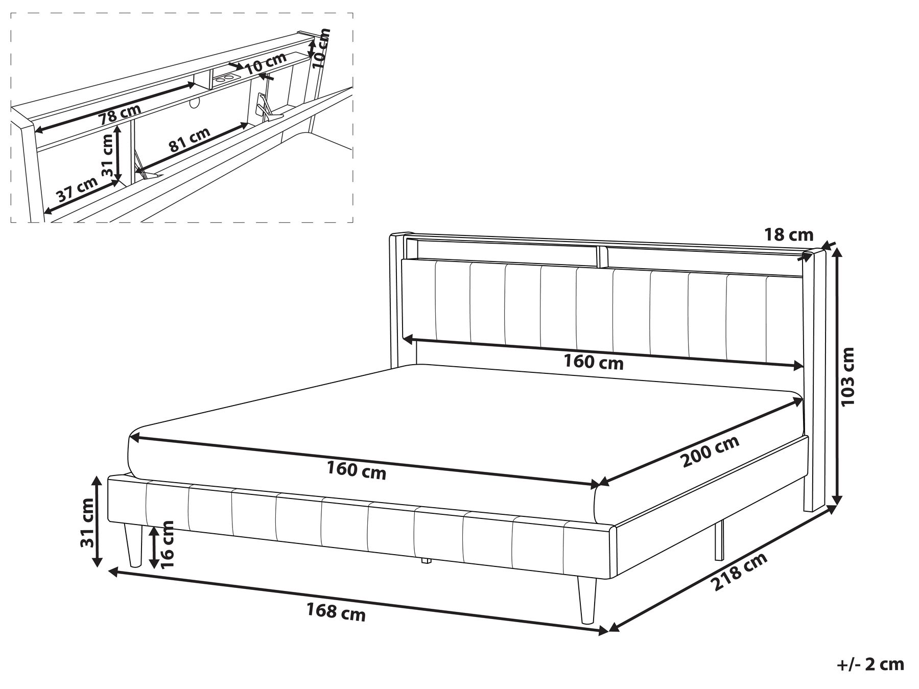 Łóżko LED BEAULIEU Ciemnoszary 160 x 200 cm Z portem USB ze schowkiem_993614
