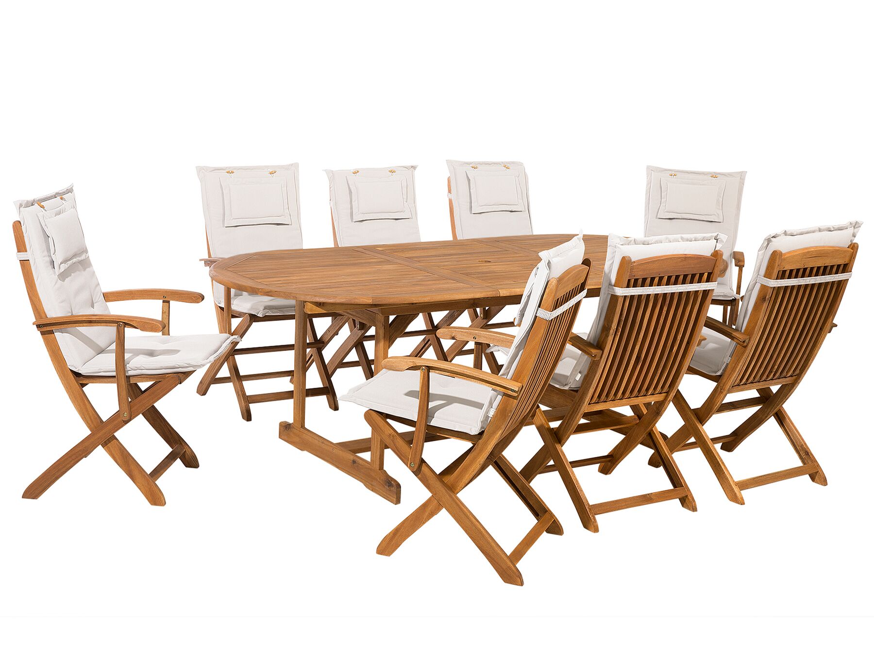 Trädgårdsmöbelset av bord och 8 stolar med dynor i beige MAUI_743950