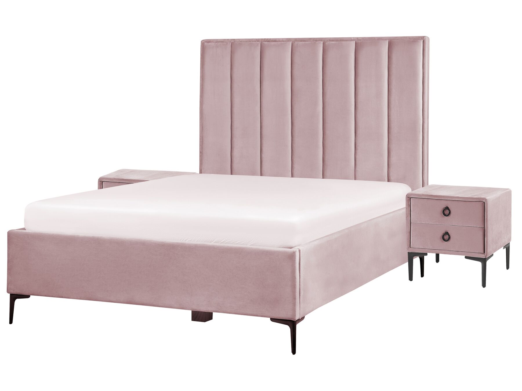 Rózsaszín bársony ágyneműtartós franciaágy éjjeliszekrényekkel 140 x 200 cm SEZANNE_916718