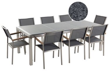 Table de jardin plateau granit gris poli 220 cm 8 chaises grises GROSSETO