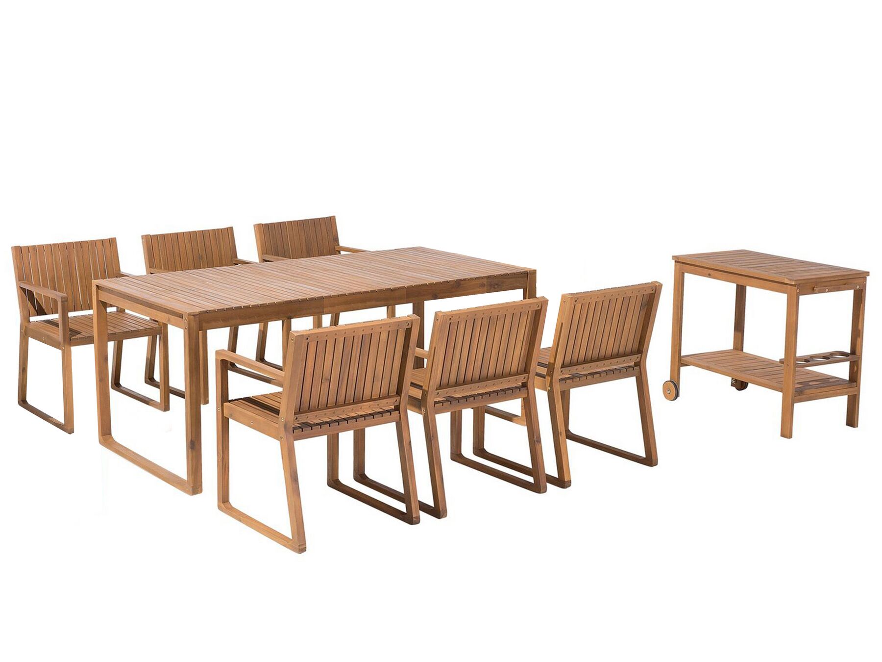 Conjunto de comedor 6 plazas de madera de acacia clara con carrito de cocina SASSARI_691882