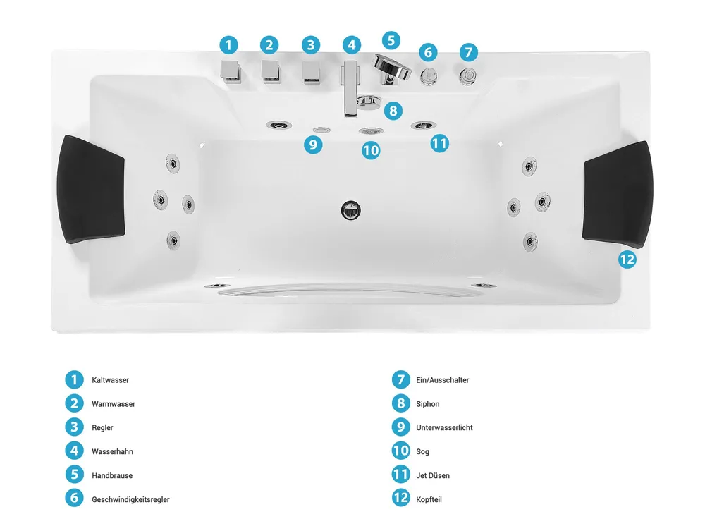 Whirlpool Badewanne Eckmodell mit LED HAWES II 180 x 80 cm Weiss_808733