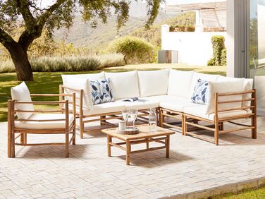 6 Seater Bamboo Garden Corner Sofa Set Off-White CERRETO