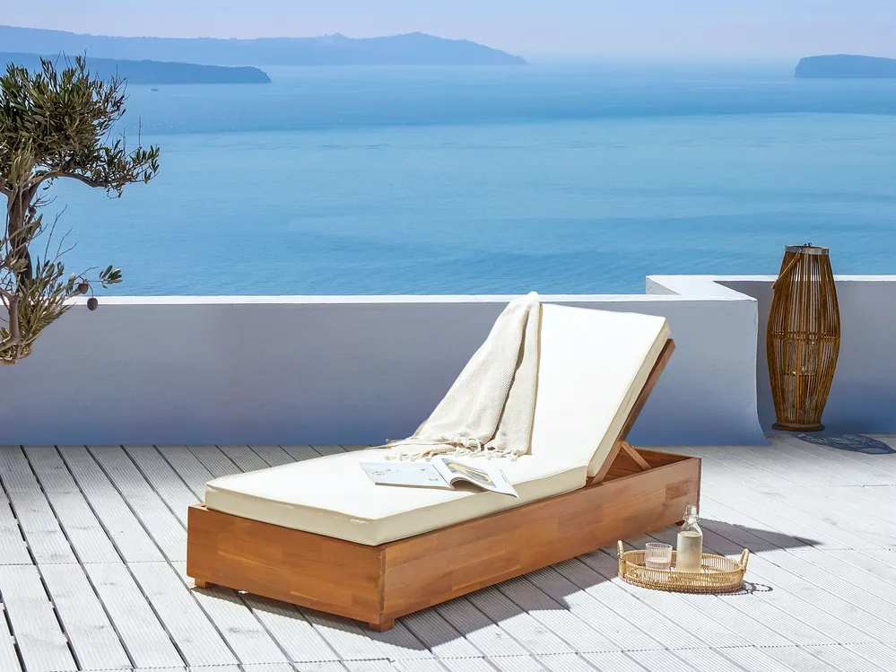 Sun Lounger with Cushion FANANO Reclining Acacia Wood Brown