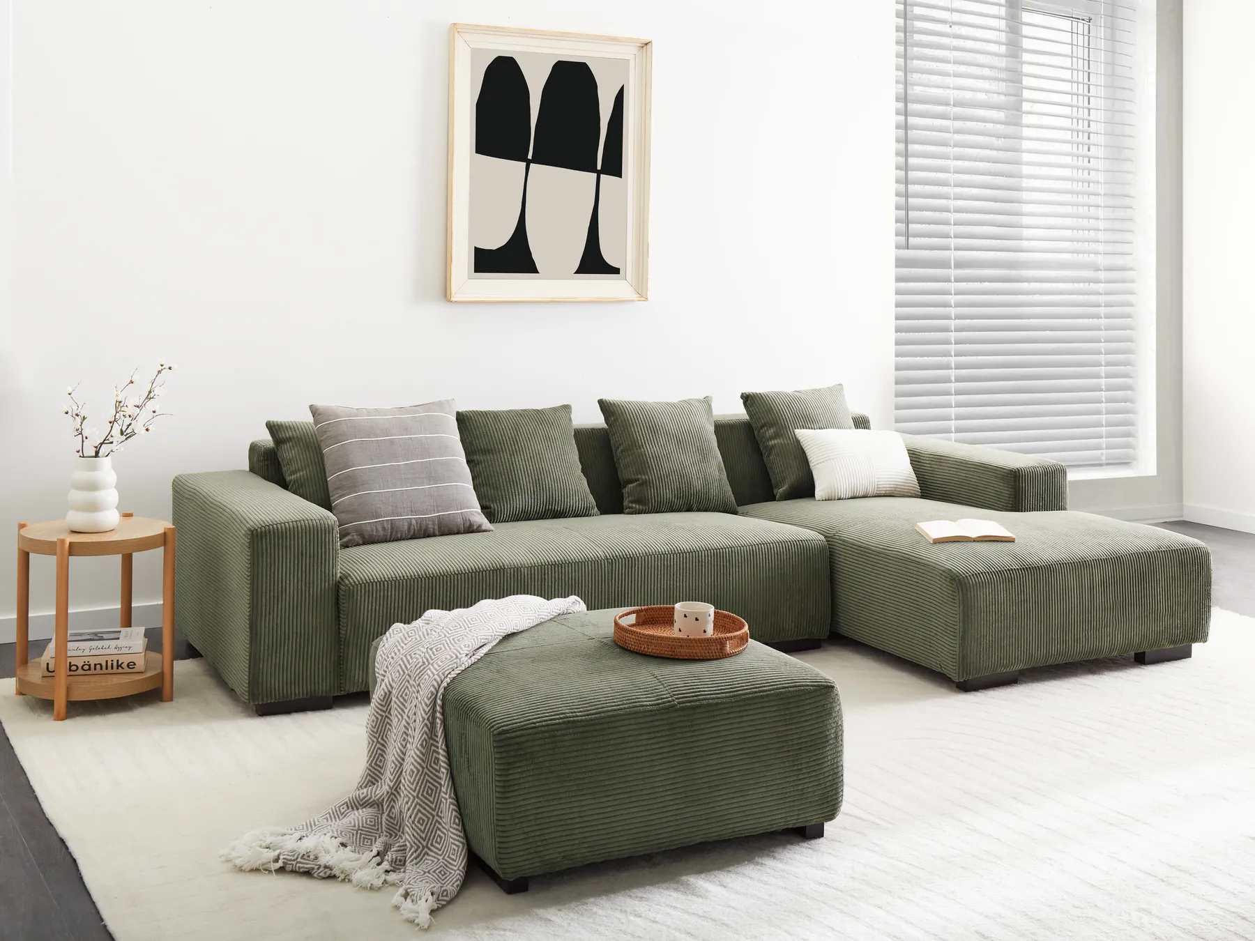 Corner Sofa 4 Seater LUNGO with Ottoman Corduroy Green Left Hand_962277