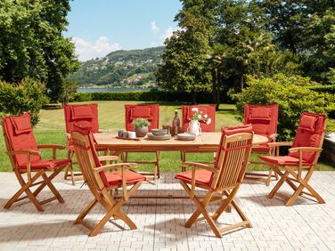 8 Seater Acacia Wood Garden Dining Set Red Cushions MAUI II