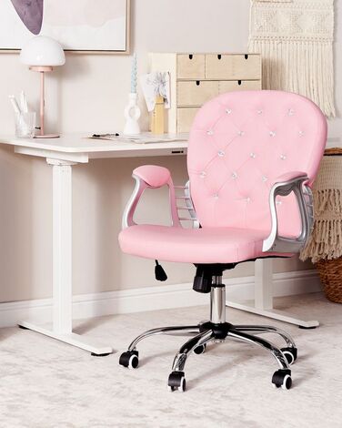 Swivel Faux Leather Office Chair Pink with Crystals PRINCESS