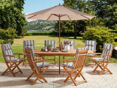 8 Seater Acacia Wood Garden Dining Set with Parasol and Blue Stripes Cushions MAUI II