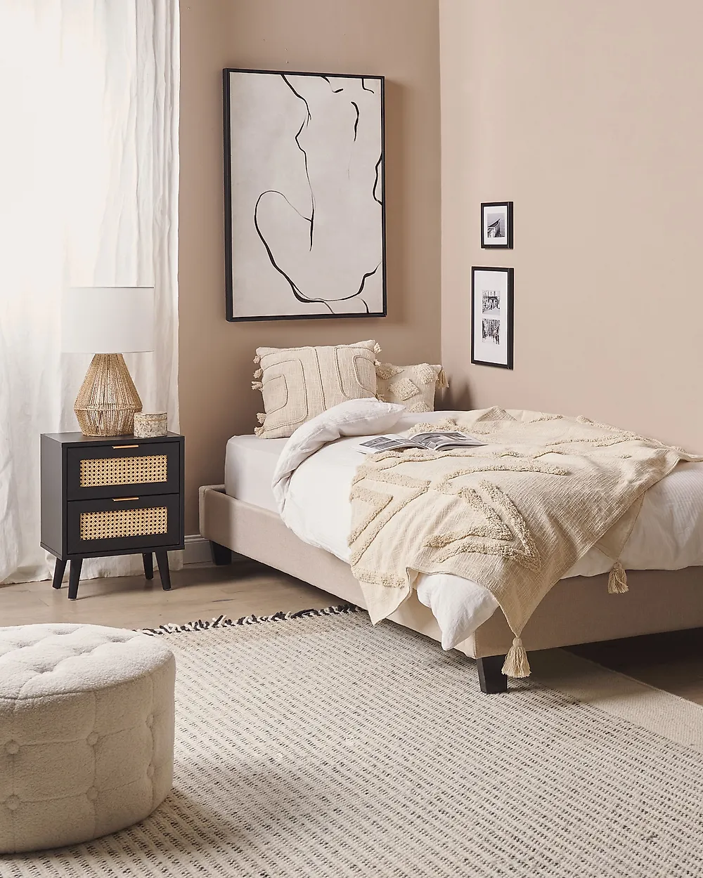 Nachttisch Mit Rattan-Webschublade – Bohemian-Schwarz, Aus MDF & Eichenfurnier