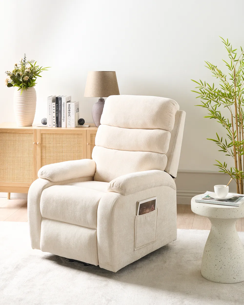 Electric Recliner Chair RISE with Footrest Fabric Light Beige