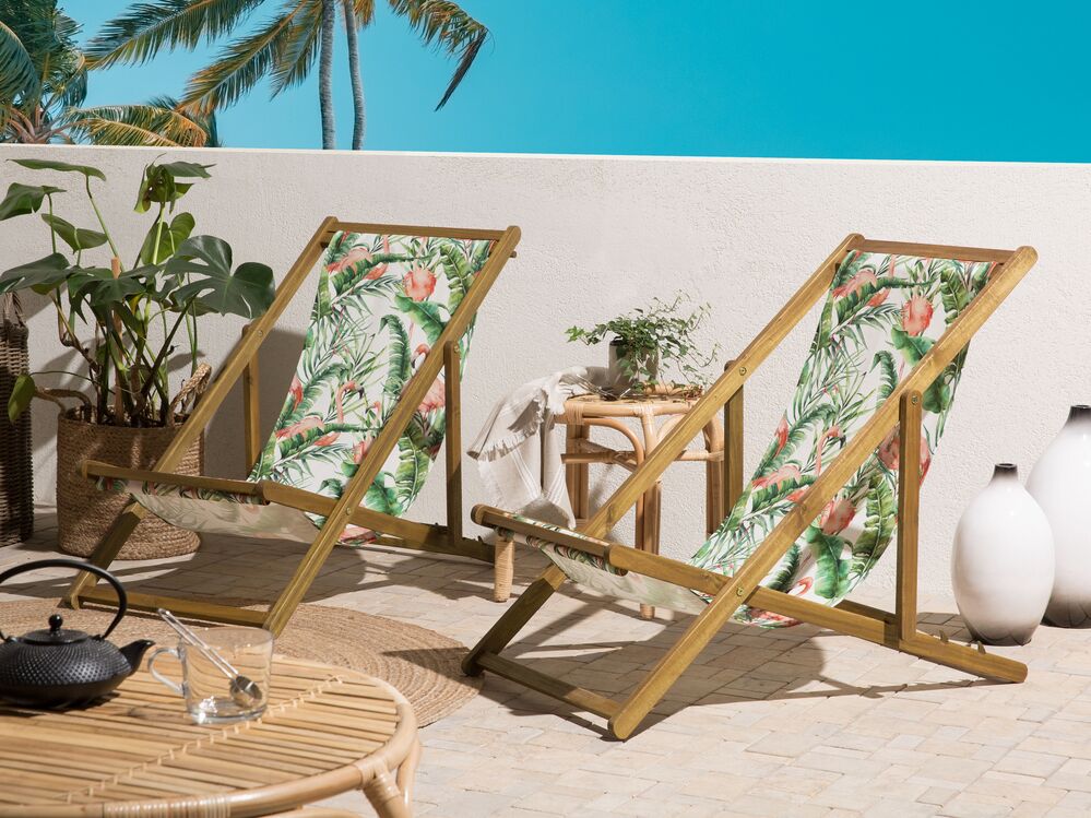 Set of 2 Acacia Folding Deck Chairs and 2 Replacement Fabrics Light Wood with Off White Flamingo Pattern ANZIO Beliani.pt