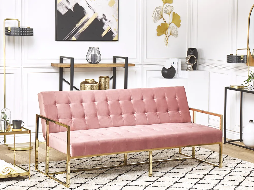 Sofa rozkładana dla 3 osób MARSTAL Welur Różowy