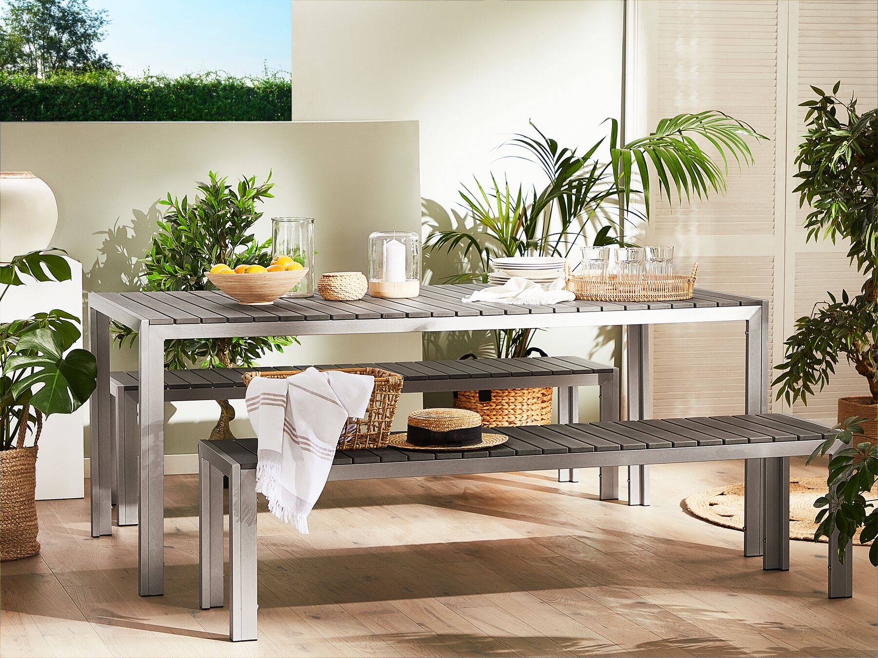 Zestaw ogrodowy stół i 2 ławki szary NARDO_47359