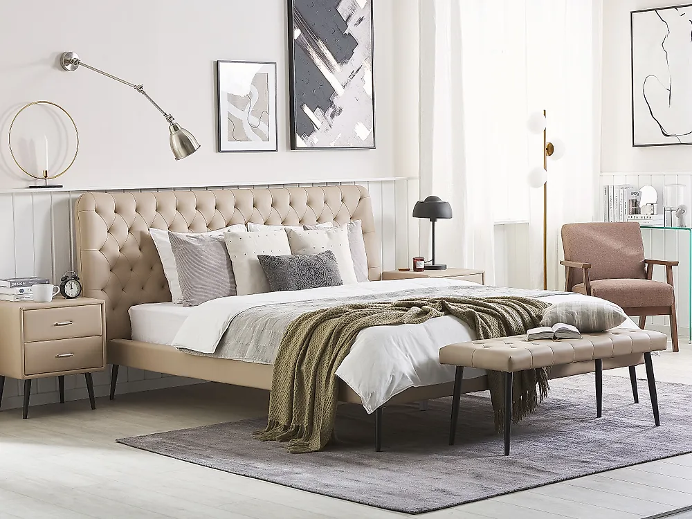 Bed Faux Leather ESSONNE 160 x 200 cm (EU King Size) Beige_1177700