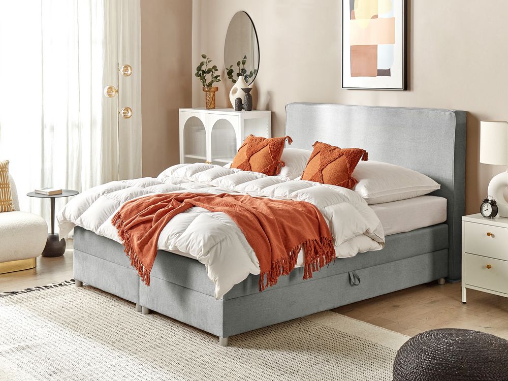 Pat boxspring cu depozitare MINISTER Gri deschis 160 x 200 cm