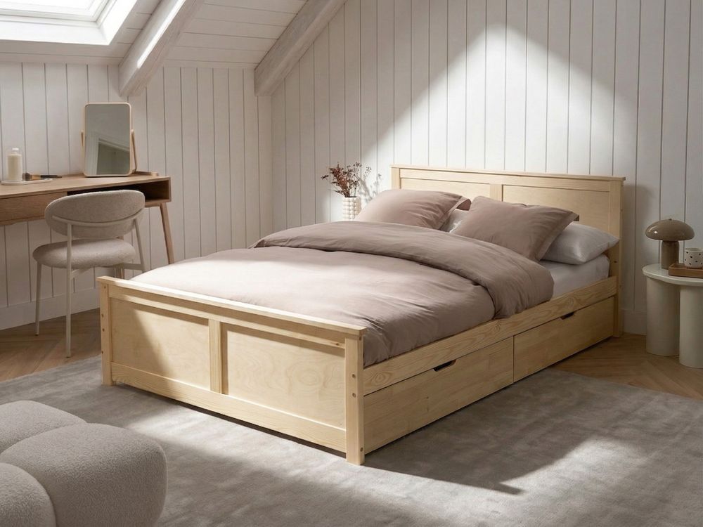 Bed with 4 Drawers DAUPHIN Pine Wood Light Brown 140 x 200 cm (EU Double)