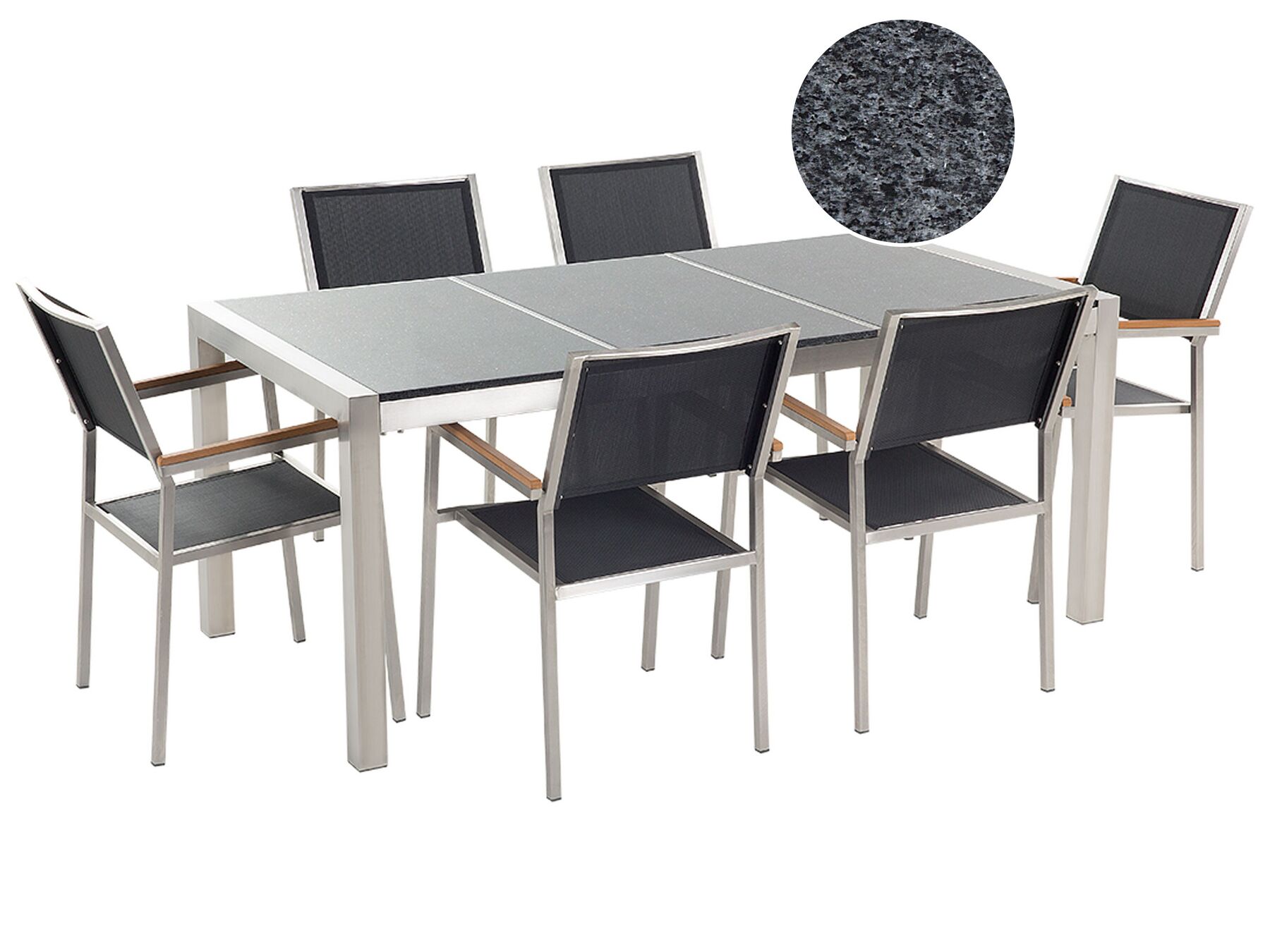 Hatszemélyes szürke gránit étkezőasztal fekete textilén székekkel GROSSETO_462535