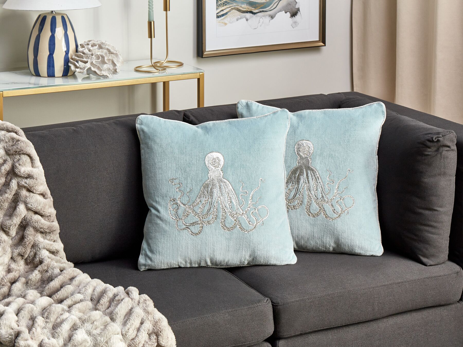 Set of 2 Velvet Cushions Octopus Motif 45 x 45 cm Blue LAMINARIA_892919