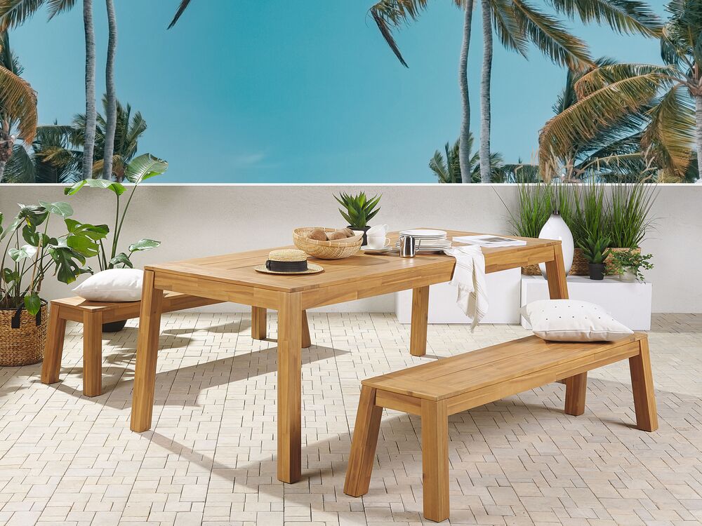 6 Seater Acacia Wood Garden Dining Set Table and Benches LIVORNO Beliani
