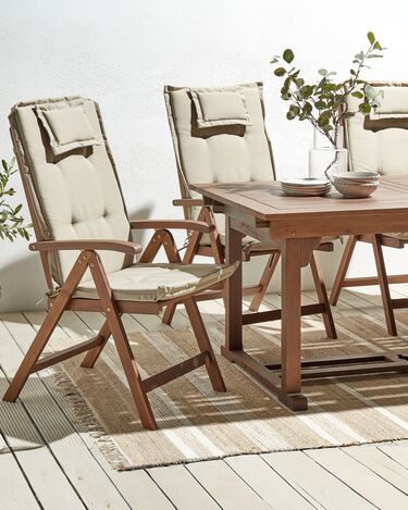 Set of 6 Acacia Wood Garden Folding Chairs Dark Wood with Taupe Cushions AMANTEA