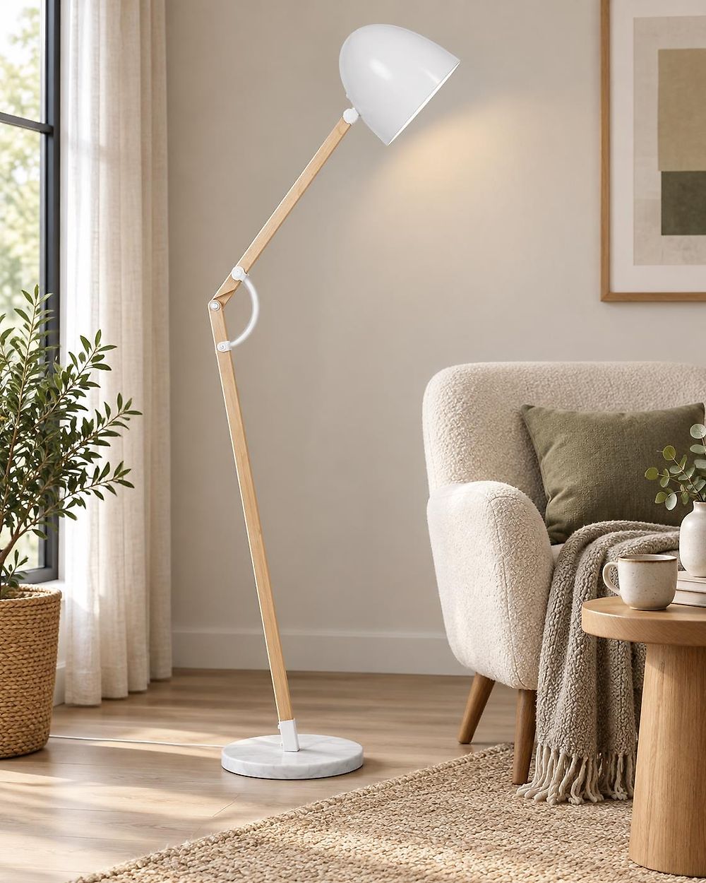 Floor Lamp HETTON Adjustable Oak Wood White