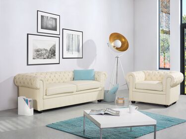  Sofagruppe 3-seters sofa + lenestol skinn kremhvit CHESTERFIELD